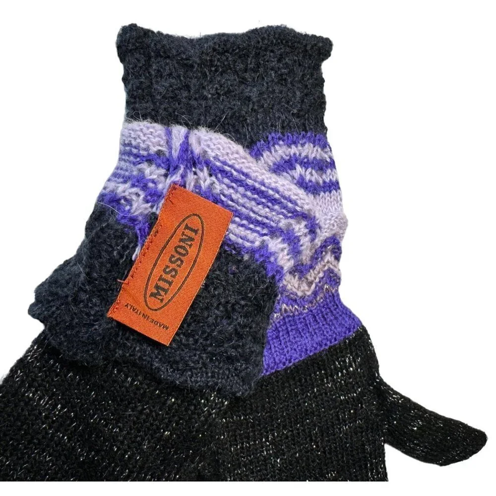 New Missoni Gloves Knit Wool Black Long Purple Cuff Winter Accessories Boho